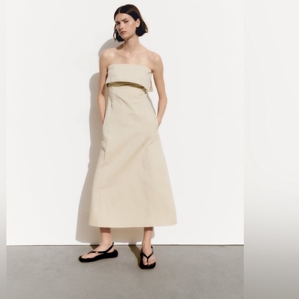 🩵 ZARA GABARDINE TRENCH STRAPLESS MAXI DRESS